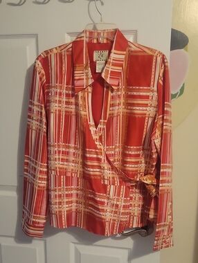 Vintage ICE Sz18 Y2K Silk Plaid Wrap Top Long sleeve vNeck Blouse